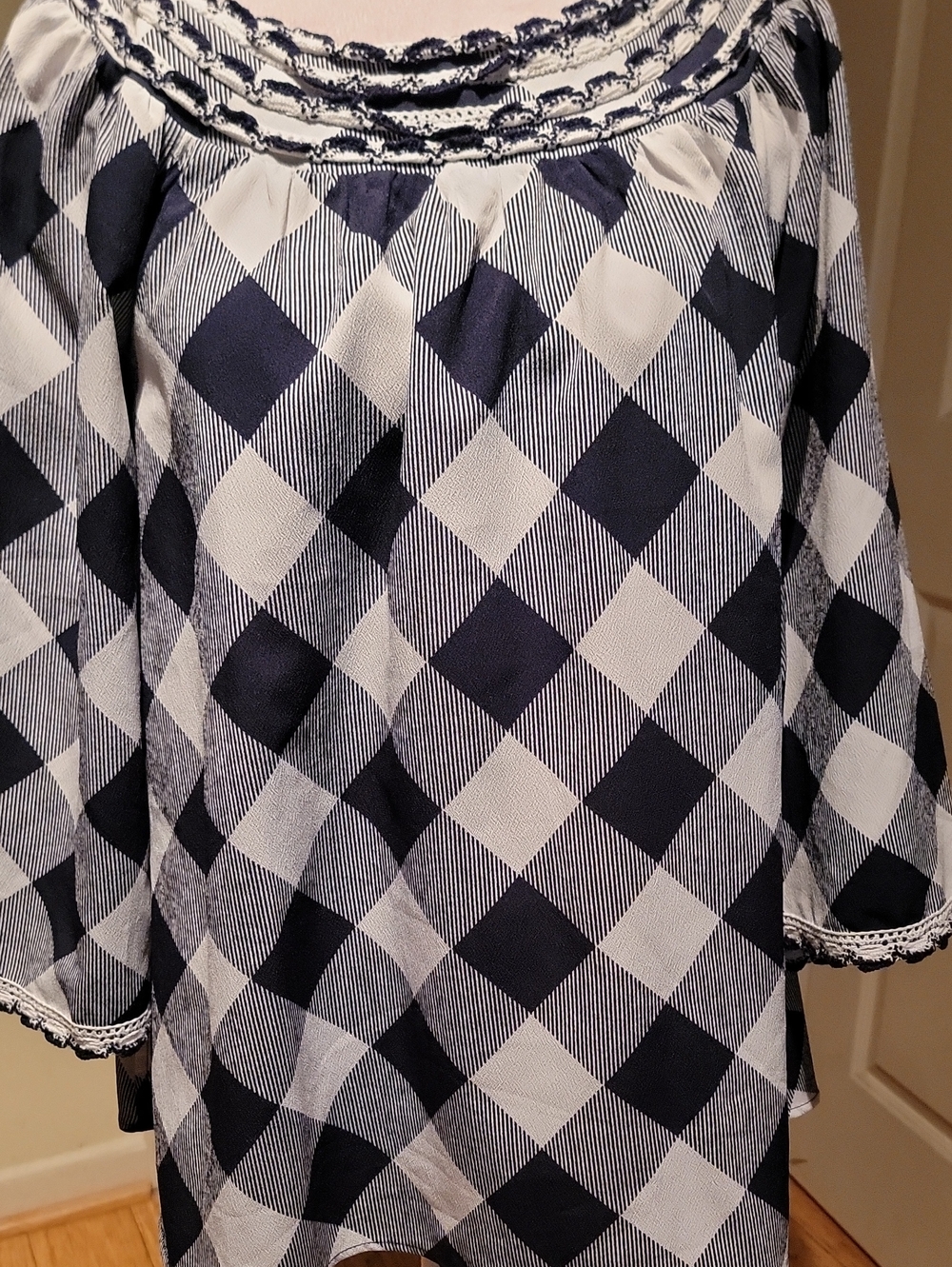 Crown And Ivy Women's Blue and White Checked Boat Neck Top